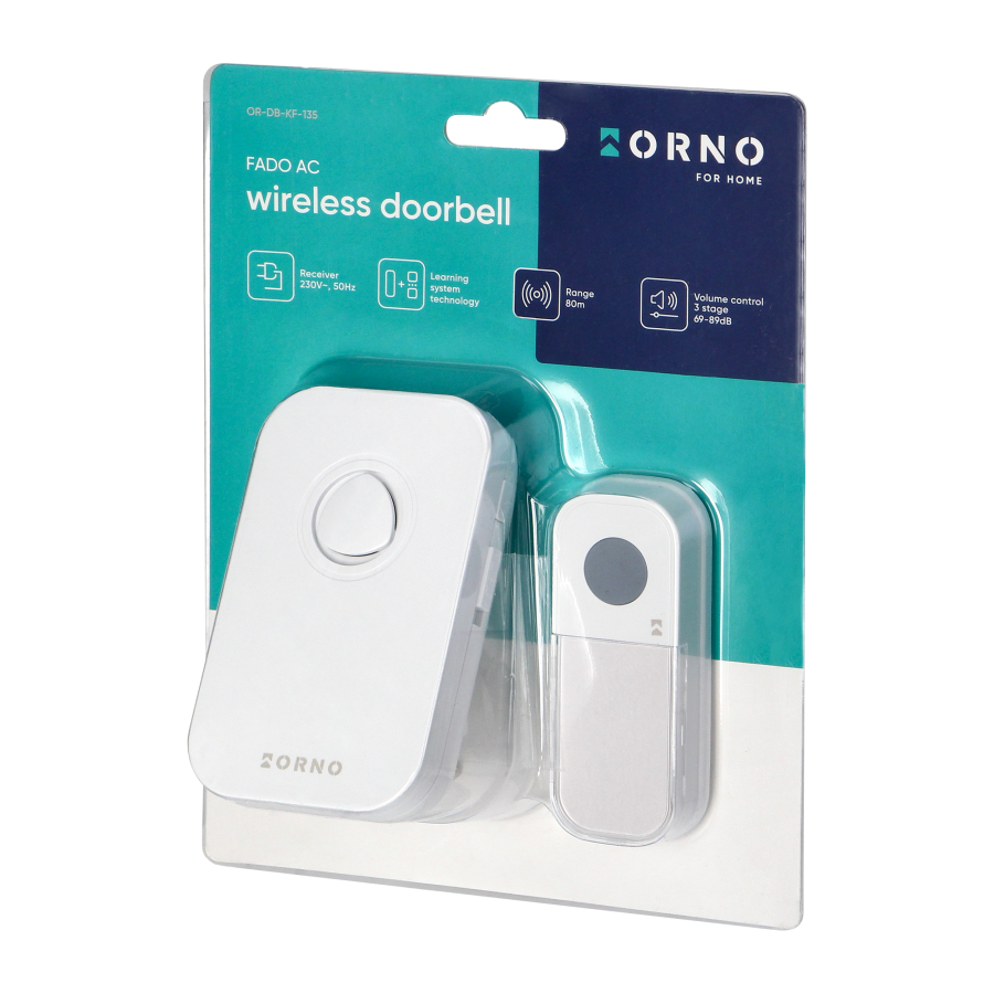 FADO AC wireless mains-powered doorbell with learning system, 36 sounds, 80m